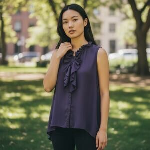 Pure Sugar Flowy Ruffle Front Silk Blouse Womens S Eggplant Purple Button Down